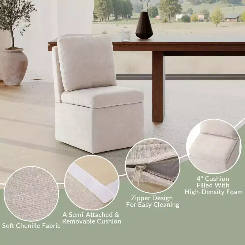 Chaises de salle à manger sans accoudoirs WestinTrends Soho Modern en chenille rembourrée avec roulettes (lot de 2), Taupe