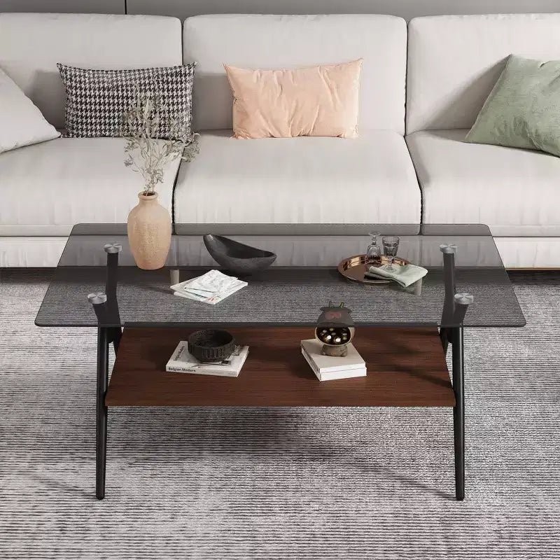Ensemble de 3 tables basses et tables d'appoint, Table en verre trempé avec couche en MDF, Tables modernes pour salon, Verre gris