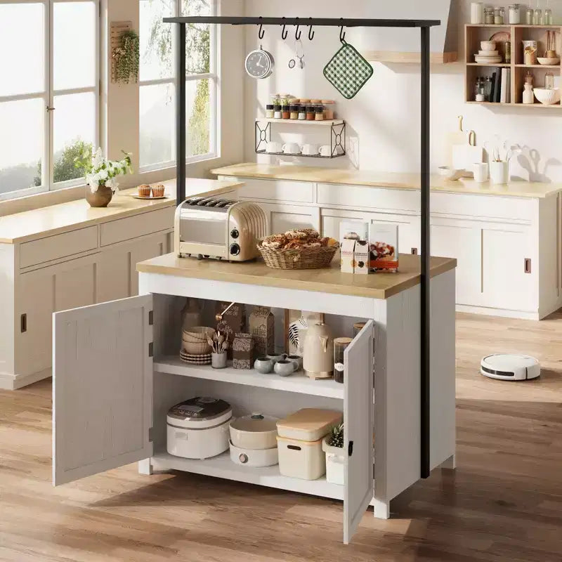 41 Îlot de cuisine avec rangement, chariot de cuisine multifonctionnel robuste avec comptoir de 1,2", étagères à 2 niveaux, 5 crochets, table de bar à café en métal