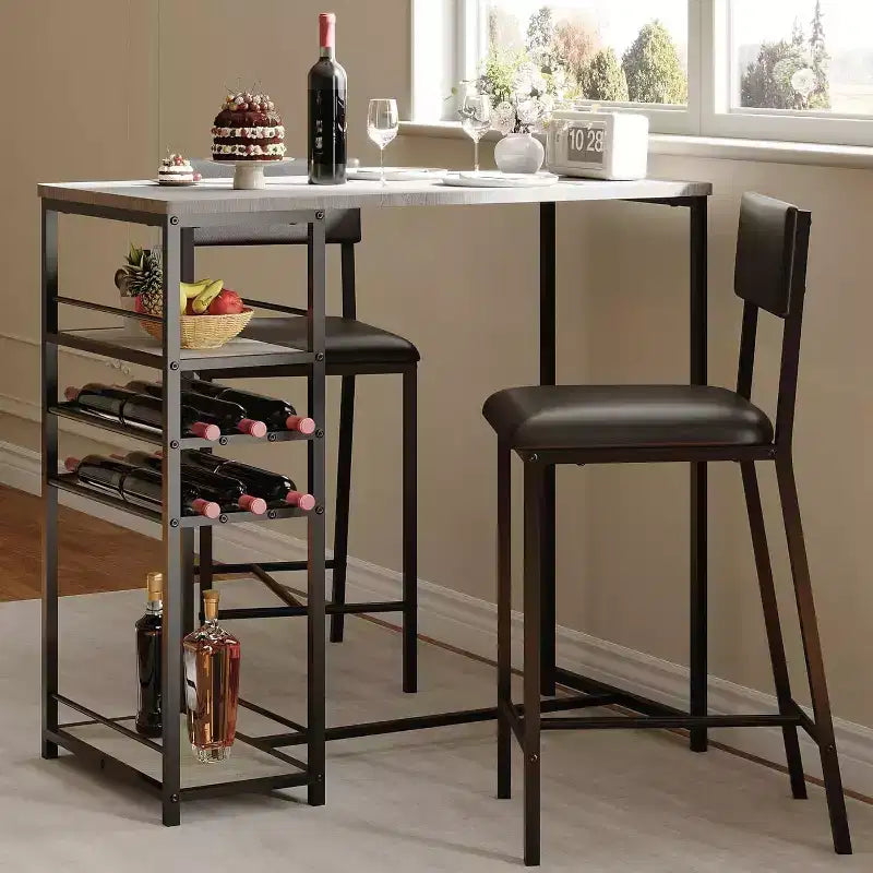 Counter-Height Dining Set for 2 with Storage Shelves  Bistro Table & Upholstered Chairs, Space-Saving Kitchen Set for Apartments