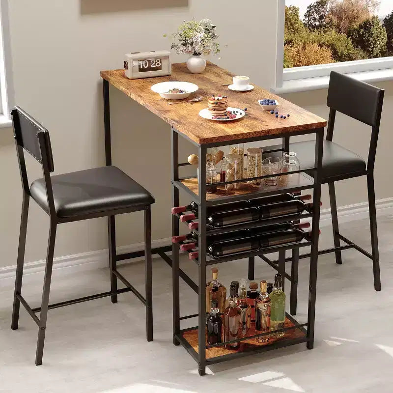 Counter-Height Dining Set for 2 with Storage Shelves  Bistro Table & Upholstered Chairs, Space-Saving Kitchen Set for Apartments