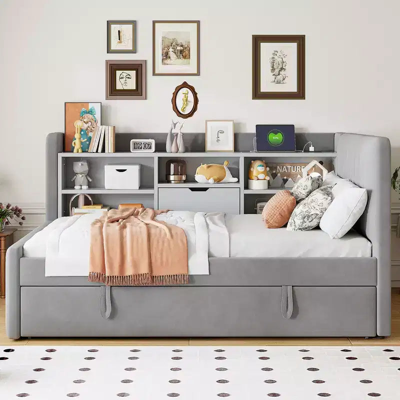 Merax Modern Twin Size Upholstered Daybed with Trundle, Storage Space, USB Ports & Power Outlet