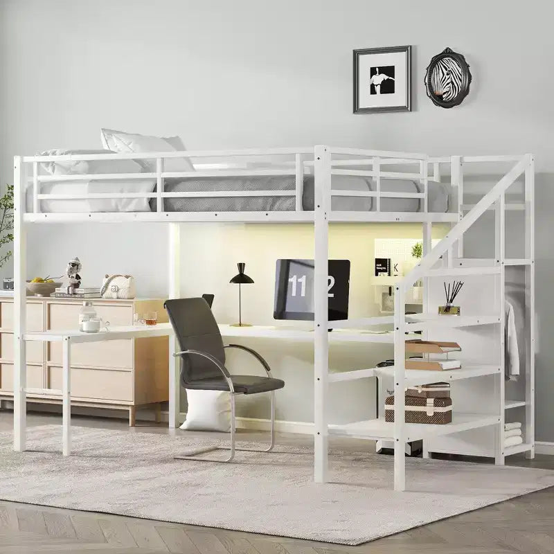 Full/Queen Metal Loft Bed with L-Shaped Desk & USB, Loft Bed Frame with Wardrobe, Adjustable Shelf & LED Lights, Black/Off-White - ModernLuxe