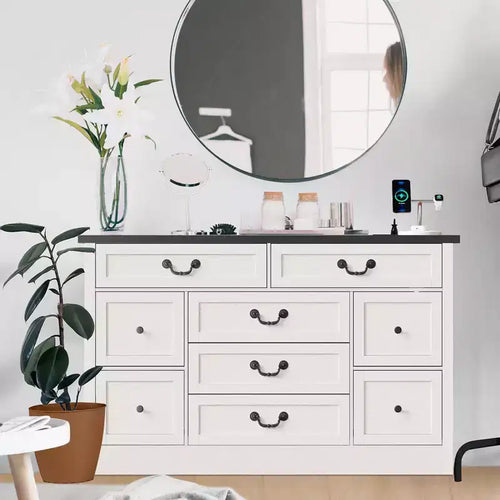 9 Drawer Dresser with Charging Station, 54 Wide Wood Dresser with Metal Handle, Vintage TV Stand, Chest of Drawers