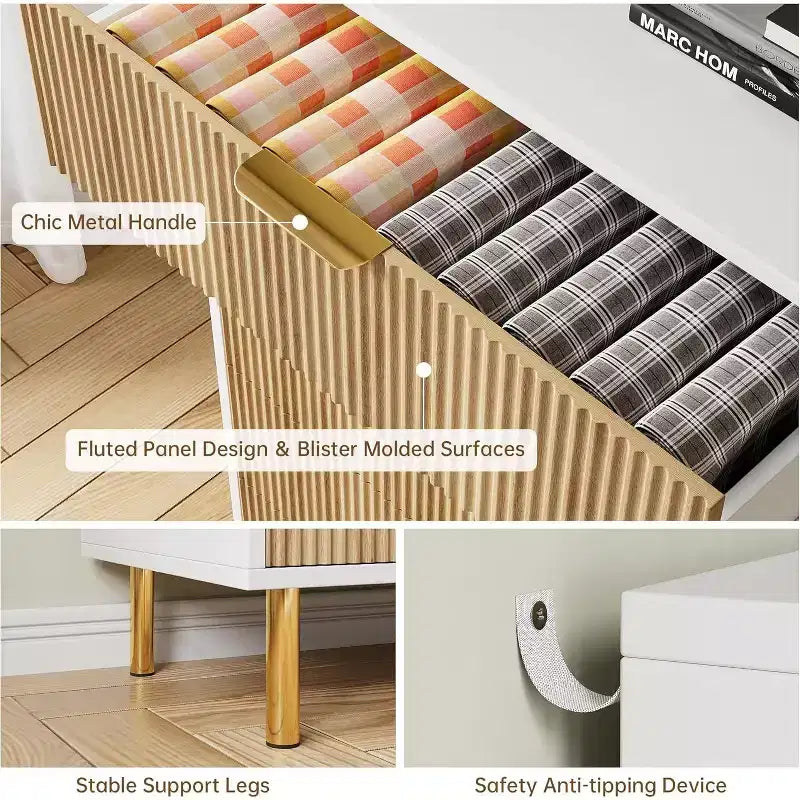 Commode 5 tiroirs Zstar pour chambre à coucher, avec poignées en métal doré