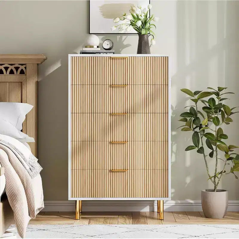 Zstar 5 Drawer Dresser for Bedroom, with Gold Metal Handles