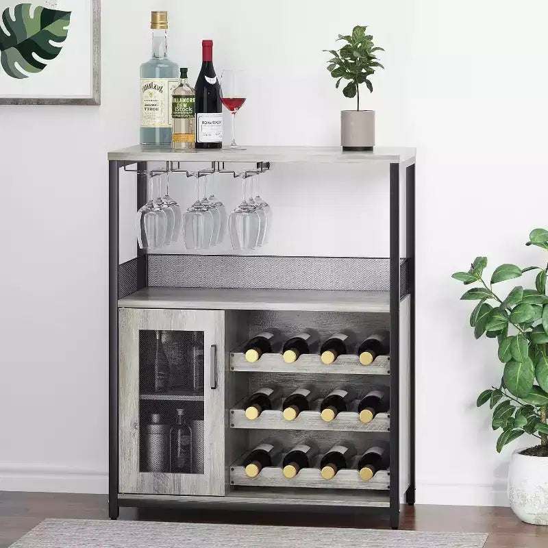 Coffee Wine Bar Cabinet with Storage and Detachable Rack, Farmhouse Sideboard and Buffet Cabinet with Glass Holder and Mesh Door