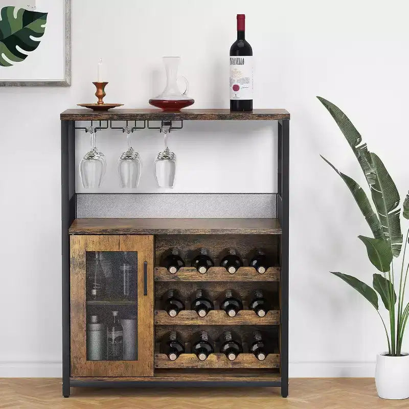 Coffee Wine Bar Cabinet with Storage and Detachable Rack, Farmhouse Sideboard and Buffet Cabinet with Glass Holder and Mesh Door
