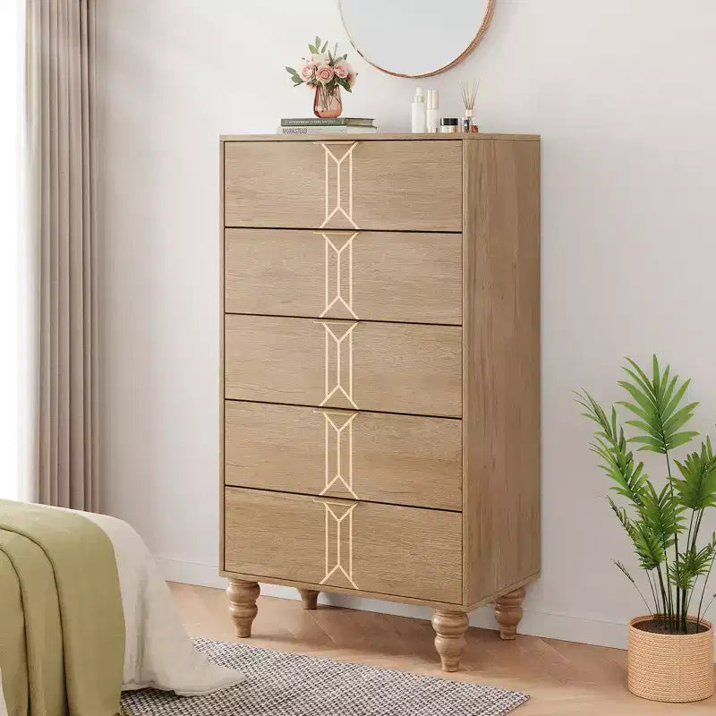 Wooden Cabinet with Vintage Pattern Design, Chest Dresser with Deep Drawers for Bedroom, Living Room