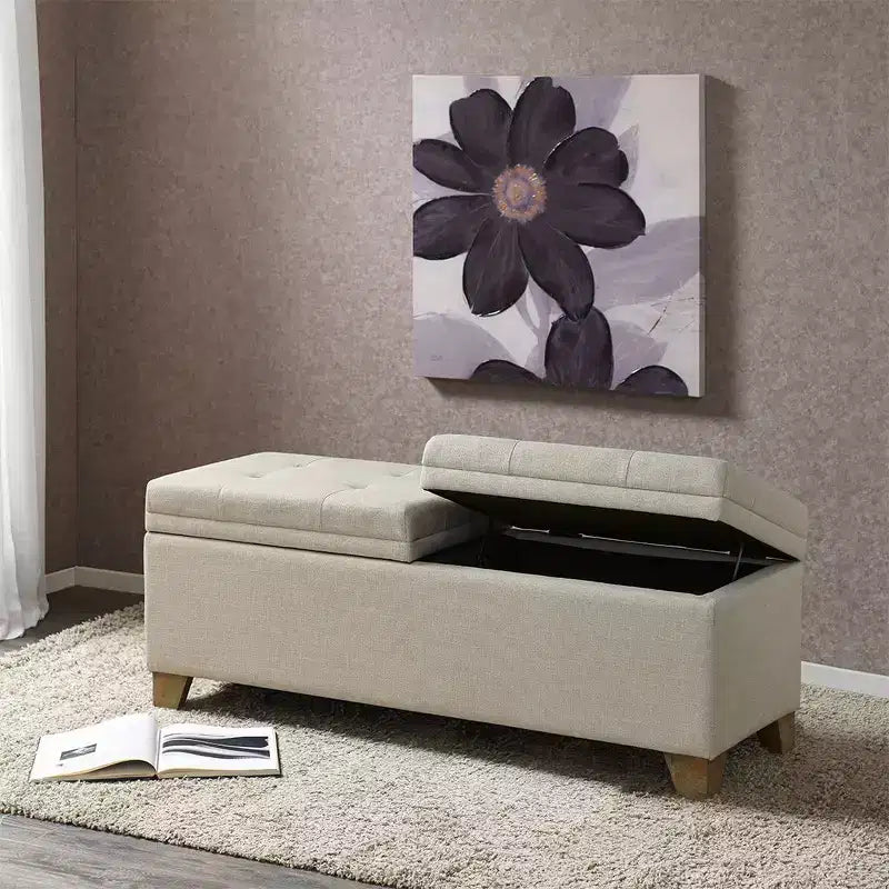 Banc ottoman Okak moderne capitonné avec plateau relevable et 2 compartiments de rangement fermés, banc de rangement rembourré pour chambre à coucher, entrée