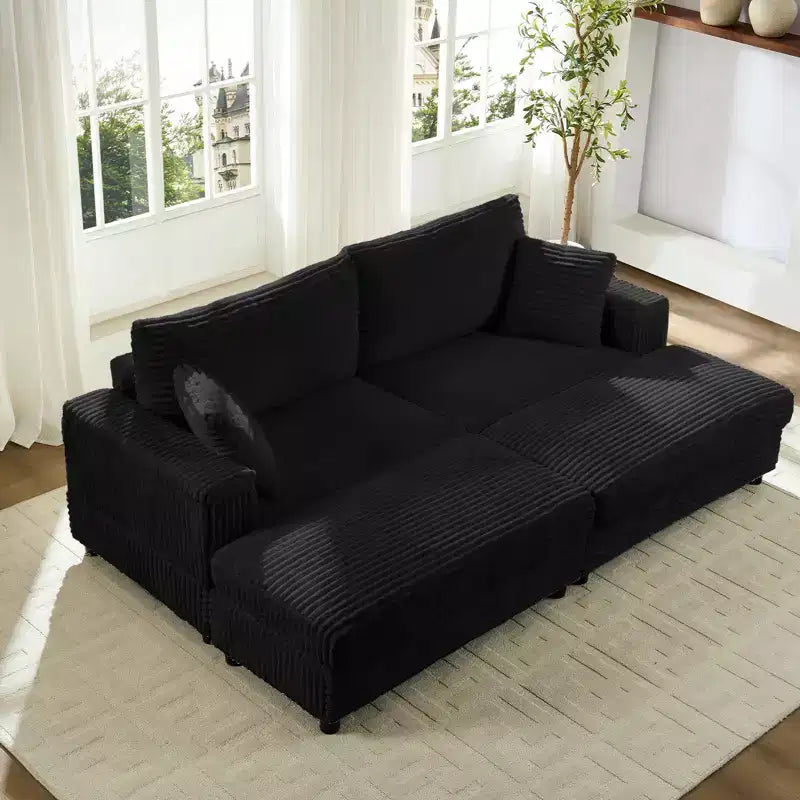 Mjkone Corduroy 2-Seater Chaise Lounge With Storage Ottoman& Armrest,Upholstered Loveseat Sleeper Reclining Sofa Bed Indoor