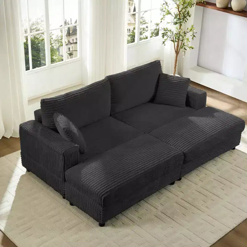 Mjkone Corduroy 2-Seater Chaise Lounge With Storage Ottoman& Armrest,Upholstered Loveseat Sleeper Reclining Sofa Bed Indoor