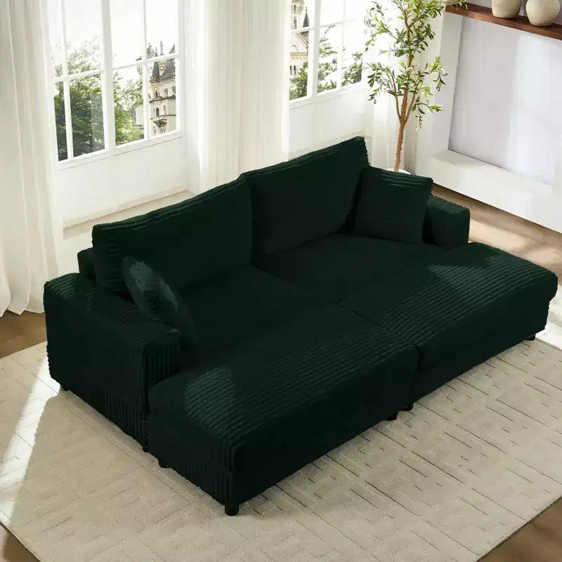 Mjkone Corduroy 2-Seater Chaise Lounge With Storage Ottoman& Armrest,Upholstered Loveseat Sleeper Reclining Sofa Bed Indoor