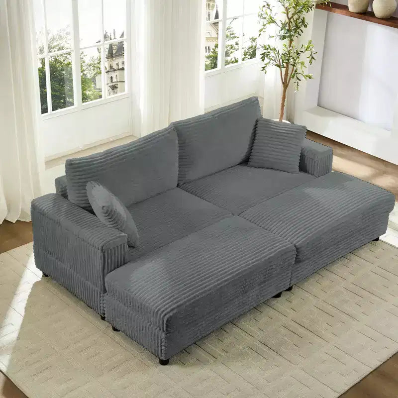 Mjkone Corduroy 2-Seater Chaise Lounge With Storage Ottoman& Armrest,Upholstered Loveseat Sleeper Reclining Sofa Bed Indoor