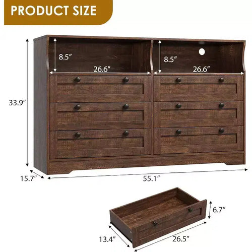 Acekool 55 6 Drawer Dresser with Power Outlet & LED Lights, Large Modern Chest, Wide Dresser TV Stand for Bedroom Living Room Hallway