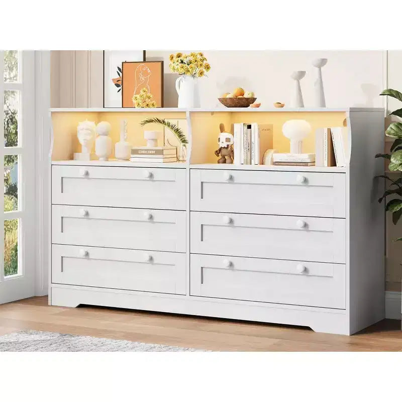 Acekool 55 6 Drawer Dresser with Power Outlet & LED Lights, Large Modern Chest, Wide Dresser TV Stand for Bedroom Living Room Hallway