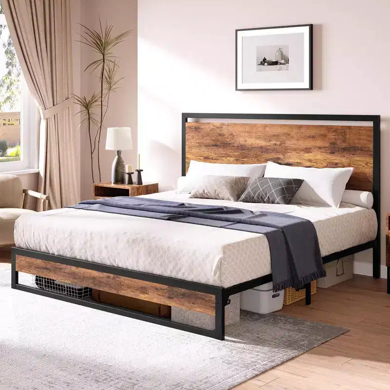 Metal Platform Bed Frame with Wooden Headboard and Footboard - Bed Frame Mattress Foundation, Easy to Assemble, No Noise