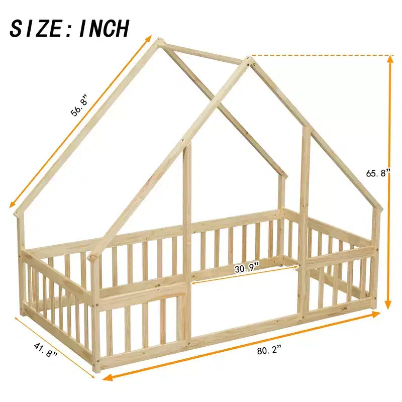 Lit de sol MAYEERTY jumeau en bois en forme de maison avec clôture et garde-corps, beige
