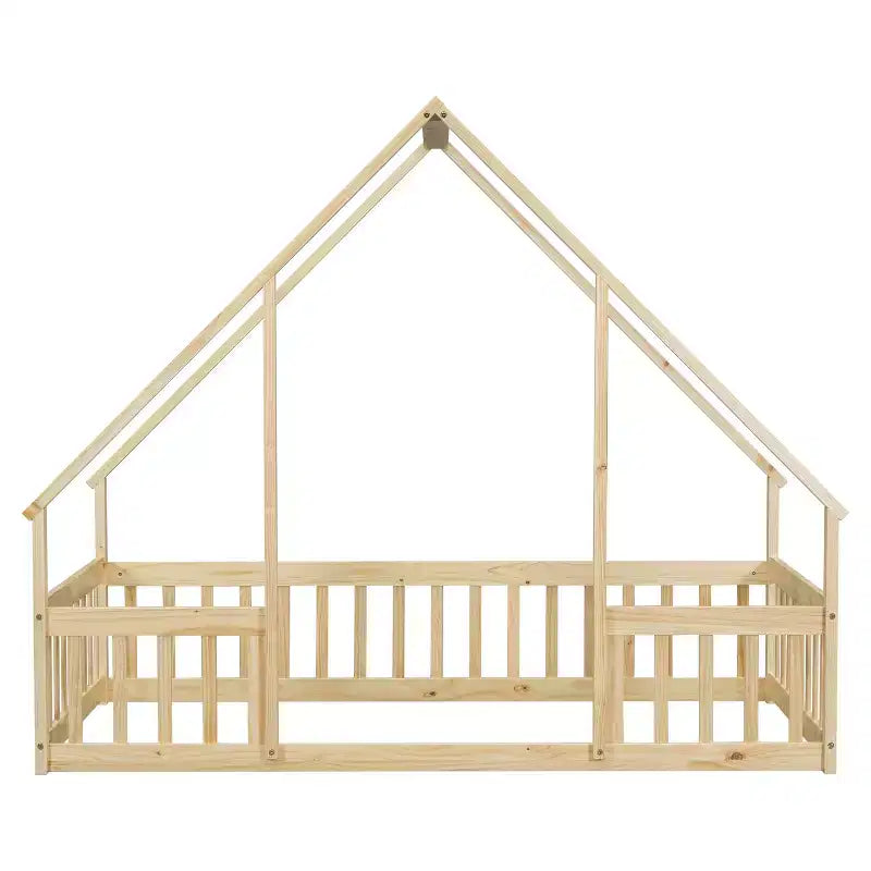 Lit de sol MAYEERTY jumeau en bois en forme de maison avec clôture et garde-corps, beige