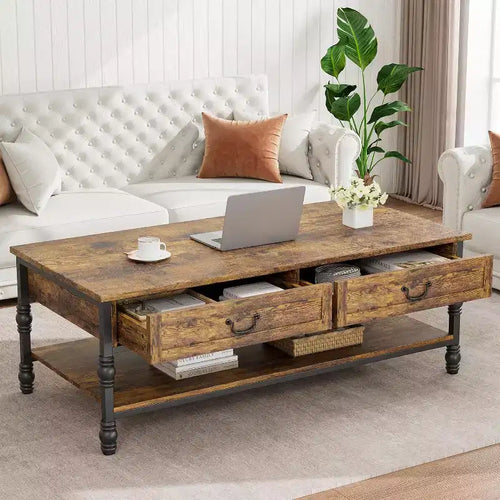 41 Wood Coffee Table with 2 Storage Drawers, Rustic Rectangular Living Room Tables w/Storage Shelf, Wooden Center Table for Living Room Office