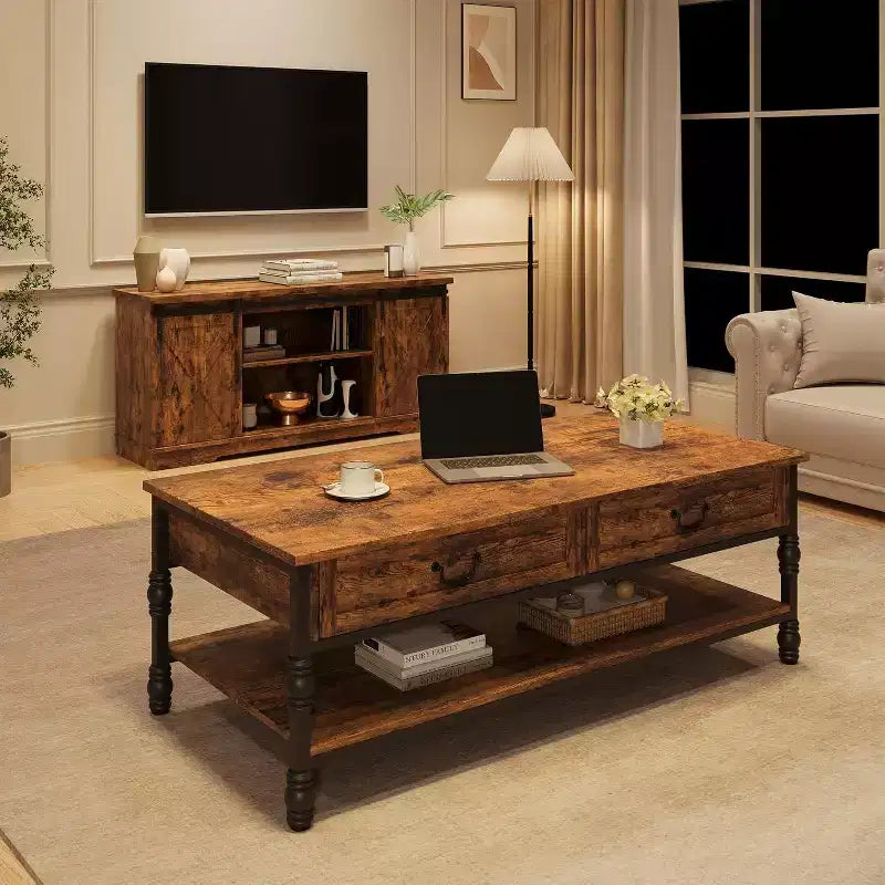 Table basse en bois de 41 pouces avec 2 tiroirs de rangement, tables de salon rectangulaires rustiques avec étagère de rangement, table centrale en bois pour salon et bureau