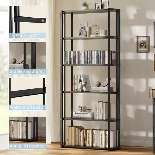 6-Tier Tall Bookshelf, Industrial Bookcase with Open Shelves & Metal Frame, Space Saving Display Shelf for Living Room Office Apartments