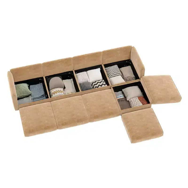 Canapé modulable avec rangement, dossier cylindrique et accoudoirs, assise profonde et confortable, durable et offrant un bon soutien pour le salon.