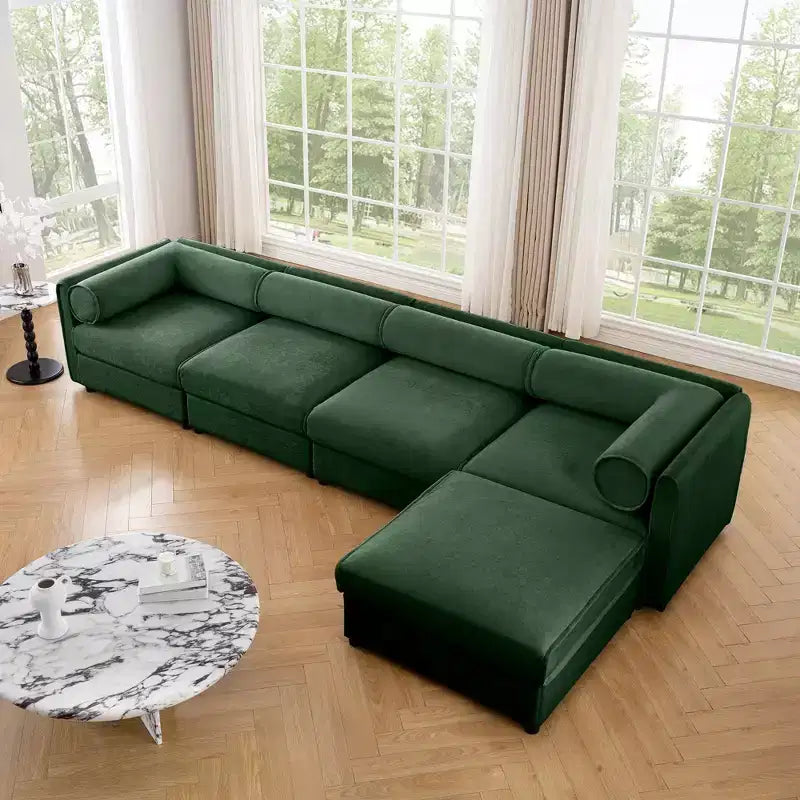 Canapé modulable avec rangement, dossier cylindrique et accoudoirs, assise profonde et confortable, durable et offrant un bon soutien pour le salon.