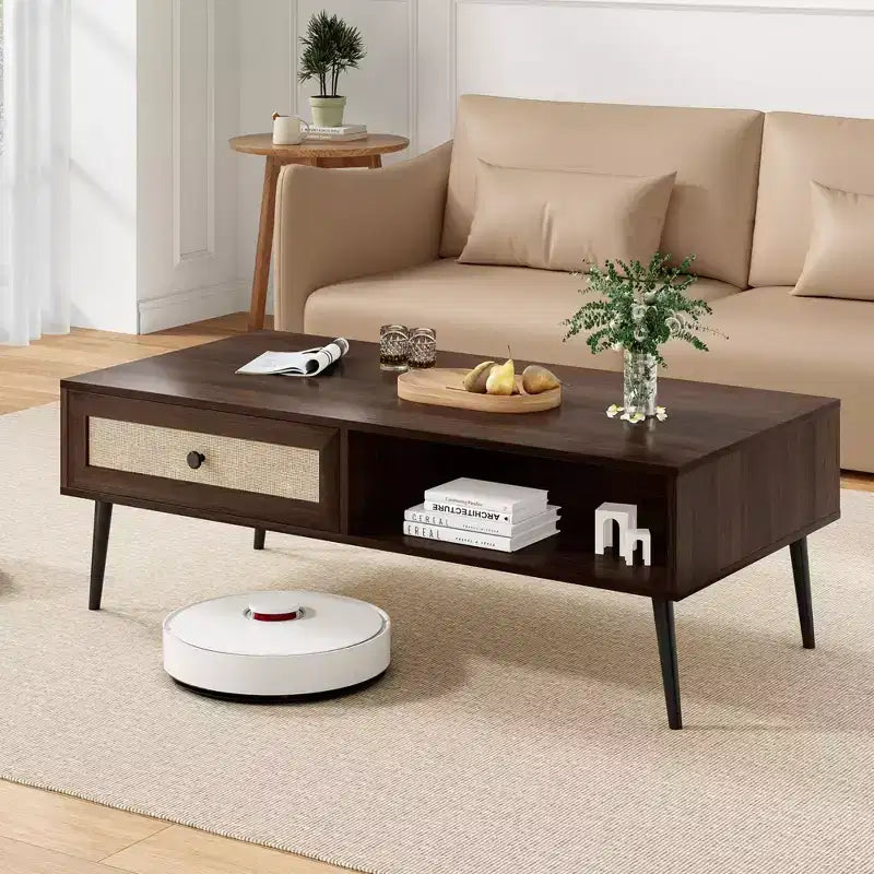 Coffee Table for Living Room,Mid Century Modern Wooden 2-Tier Rectangular Center Table with PVC Rattan Door Drawer