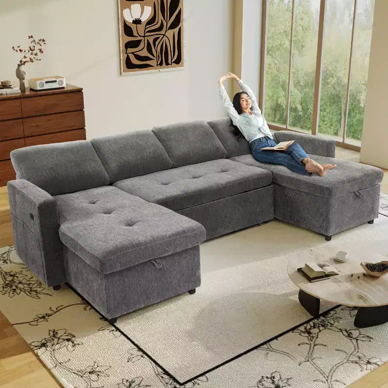 Dyonery 4-Seat Modular Sectional Sleeper Sofa with Pull Out Bed,Chenille U Shaped Sectional Sofa with USB Ports/Adjustable Backrest,Tool-Free Assembly