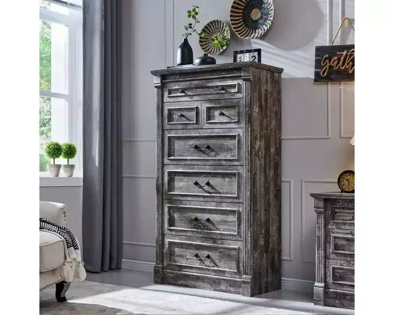 Mastgoal 57 Farmhouse Dresser with 7 Drawers, Rustic Wood Closet Storage with Roman Column for Bedroom