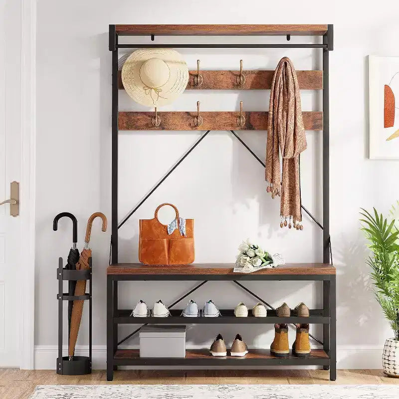 Porte-manteau avec range-chaussures et banc, Meuble d'entrée avec banc de rangement et 8 crochets, Grand porte-manteau avec banc à chaussures pour couloir, salon, chambre à coucher