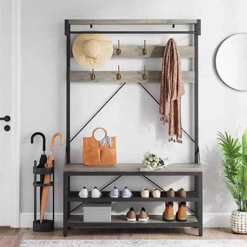 Porte-manteau avec range-chaussures et banc, Meuble d'entrée avec banc de rangement et 8 crochets, Grand porte-manteau avec banc à chaussures pour couloir, salon, chambre à coucher