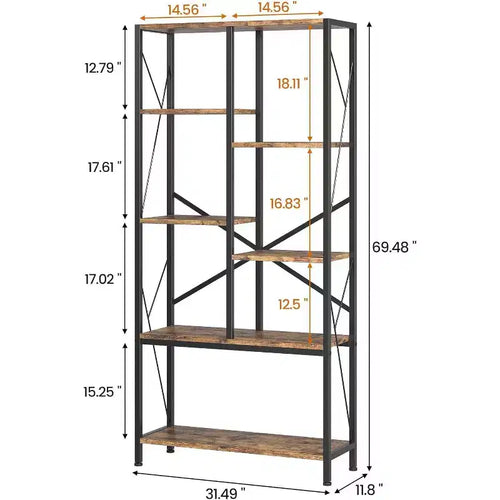 Acekool 5-Tier Industrial Bookcase, 69.5 Rustic Display Shelf with 7 Open Shelves for Living Room, Bedroom, Home Office
