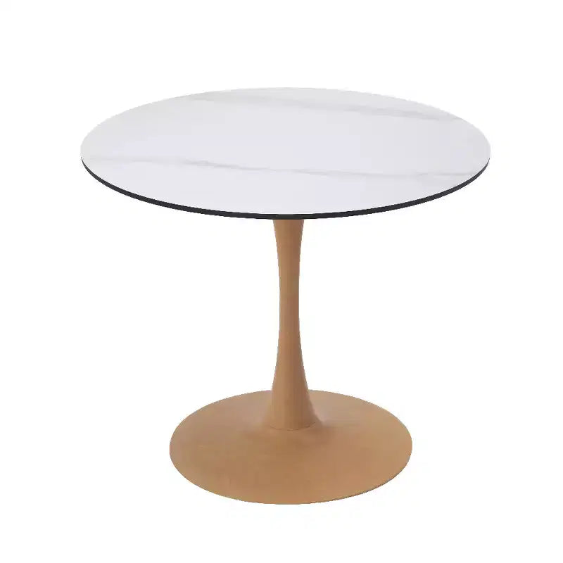LeisureMod Bristol Round Dining Table  MDF Top with Natural Wood Steel Pedestal Base, Modern Kitchen & Dining Room Table, Accent Table