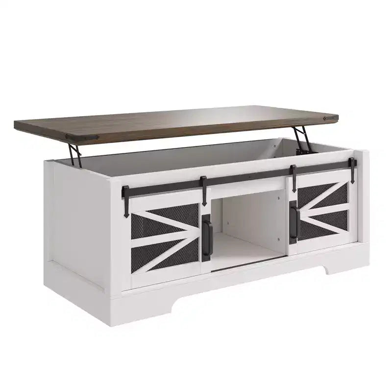 CuisinSmart Farmhouse Lift Top Multifunction Coffee Table, Sliding Barn Door, Hidden Storage Compartment, Convertible Dining Table Adjustable Shelf