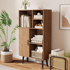 Petite bibliothèque à 4 niveaux avec pieds, étagère courte autoportante en bois avec porte, organiseur de rangement multifonctionnel en forme de cube, couleur noyer, pour salon, bureau
