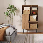 Petite bibliothèque à 4 niveaux avec pieds, étagère courte autoportante en bois avec porte, organiseur de rangement multifonctionnel en forme de cube, couleur noyer, pour salon, bureau