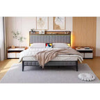Cadre de lit complet COZONY avec tête et pied de lit en bois, éclairage LED réglable et station de charge, espace de rangement