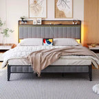 Cadre de lit complet COZONY avec tête et pied de lit en bois, éclairage LED réglable et station de charge, espace de rangement