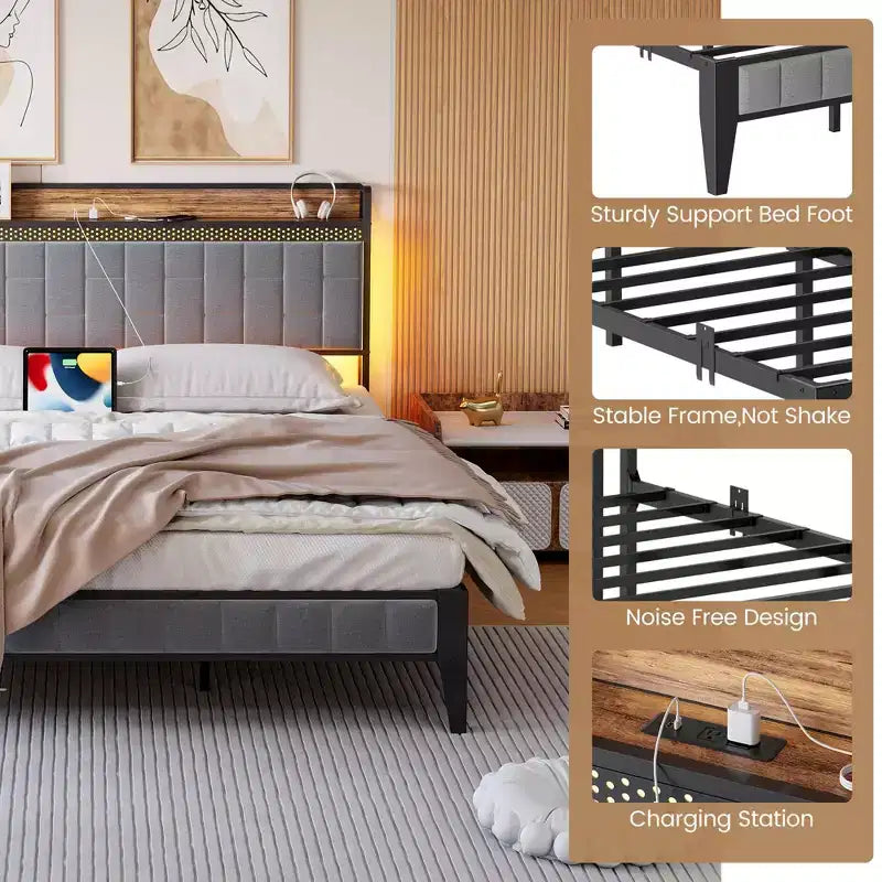 Cadre de lit complet COZONY avec tête et pied de lit en bois, éclairage LED réglable et station de charge, espace de rangement