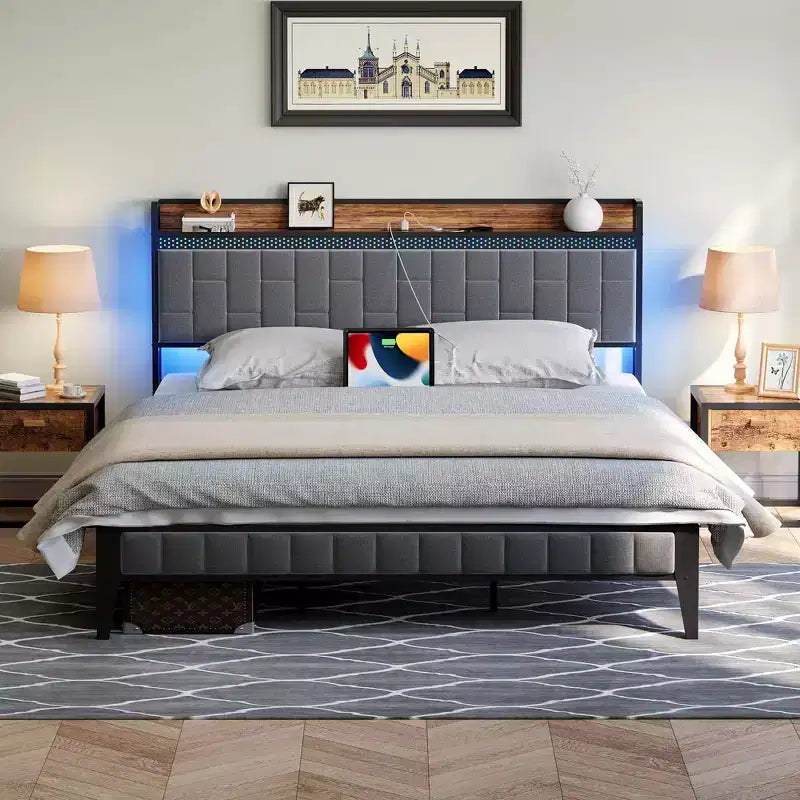 Cadre de lit complet COZONY avec tête et pied de lit en bois, éclairage LED réglable et station de charge, espace de rangement