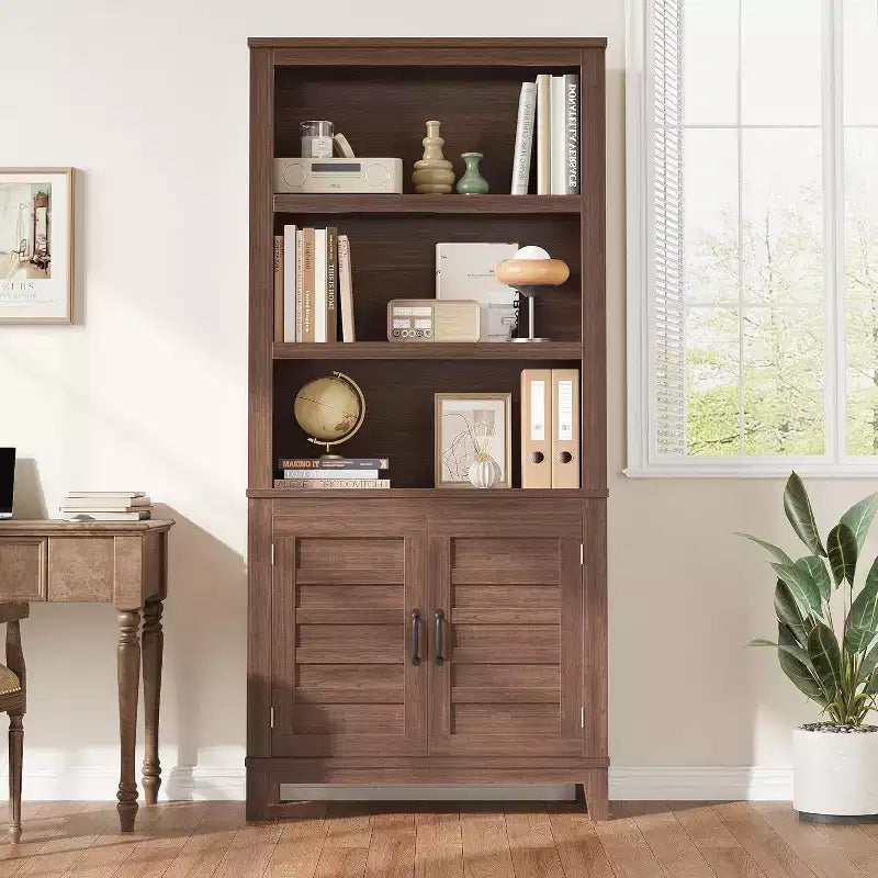 Acekool 71 Bibliothèque de style rustique avec portes, étagère haute à 5 niveaux pour salon ou bureau