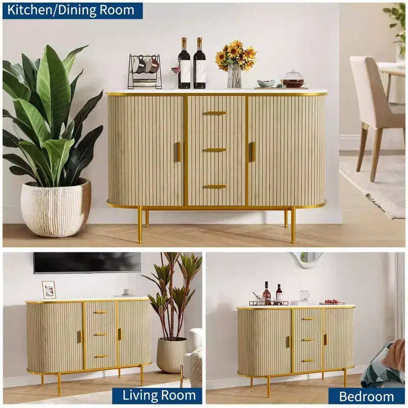 COZONY Buffet Moderne 47.3, Console d'Appoint Mid-Century, Plateau Faux Marbre, 2 Portes Coulissantes, 3 Tiroirs pour Cuisine, Salon, Entrée