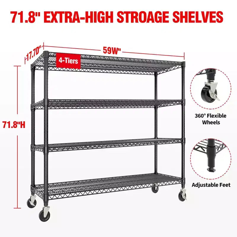 COZONY 73 Étagère de Rangement Robuste, Capacité de 1200 kg, Étagères de Rangement Ajustables à 4 Niveaux avec Roues et Pieds, Garage, Garde-manger, Cuisine