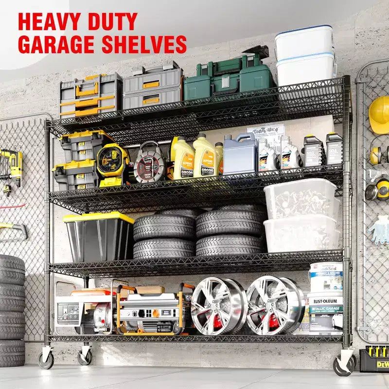 COZONY 73 Étagère de Rangement Robuste, Capacité de 1200 kg, Étagères de Rangement Ajustables à 4 Niveaux avec Roues et Pieds, Garage, Garde-manger, Cuisine