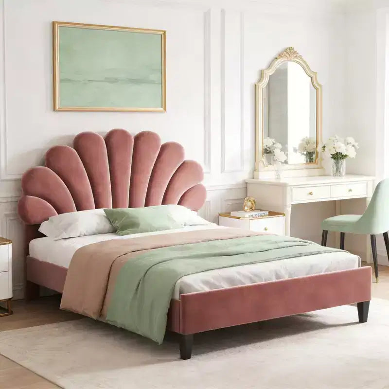 Lit Plateforme Moderne Rembourré Luxystar avec Tête de Lit en Velours à Motif Floral