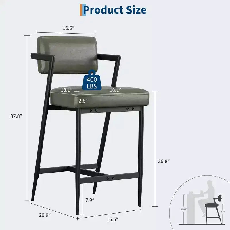 Lot de 2 tabourets de bar, chaises de bar hautes avec coussin épais et pieds en métal épais, tabourets de bar rembourrés hauteur comptoir avec dossier et repose-pieds