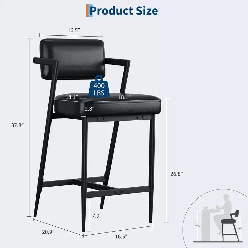 Lot de 2 tabourets de bar, chaises de bar hautes avec coussin épais et pieds en métal épais, tabourets de bar rembourrés hauteur comptoir avec dossier et repose-pieds