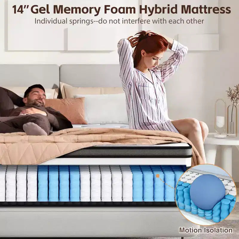 Matelas King 14 pouces en boîte, lit hybride en mousse à mémoire de forme, fermeté moyenne, tissu rafraîchissant et respirant, isolation des mouvements, soulagement de la pression zonale